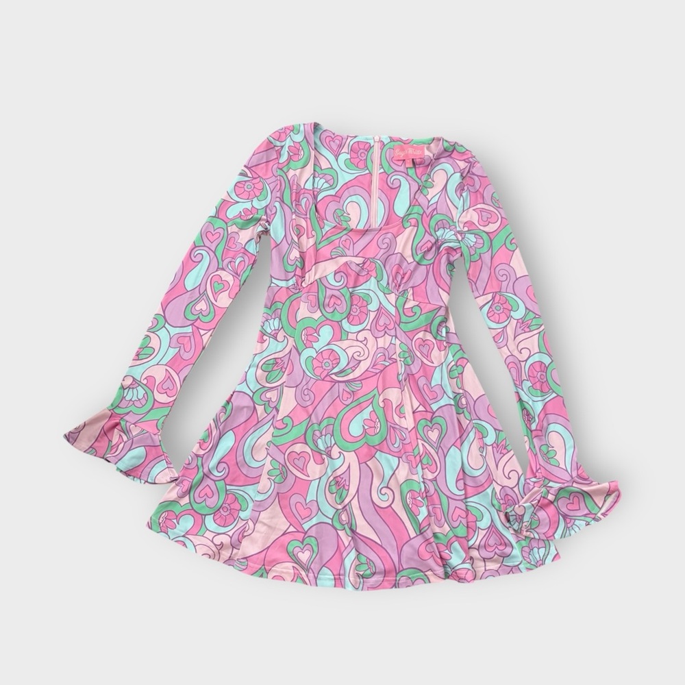 Dollskill Sugar Thrillz Pink Heart Swirls Trumpet Sleeve Mini Babydoll Dress